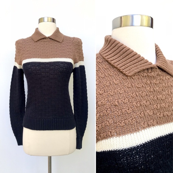 Vintage Sweaters - Vintage 70’s black white tan collared minimalist long sleeve sweater pop over